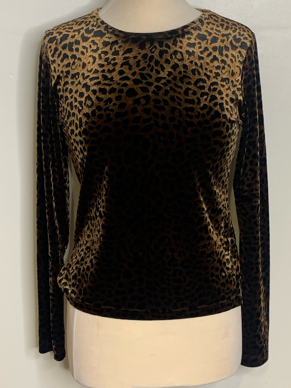 Y2K OCI Leopard Print Velvet Long Sleeve Top - Brown/Black M